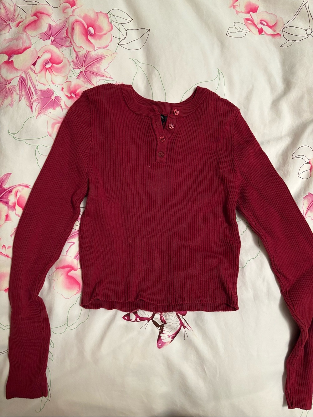 Women’s Long Sleeve Ribbed Henley Top - Burgundy